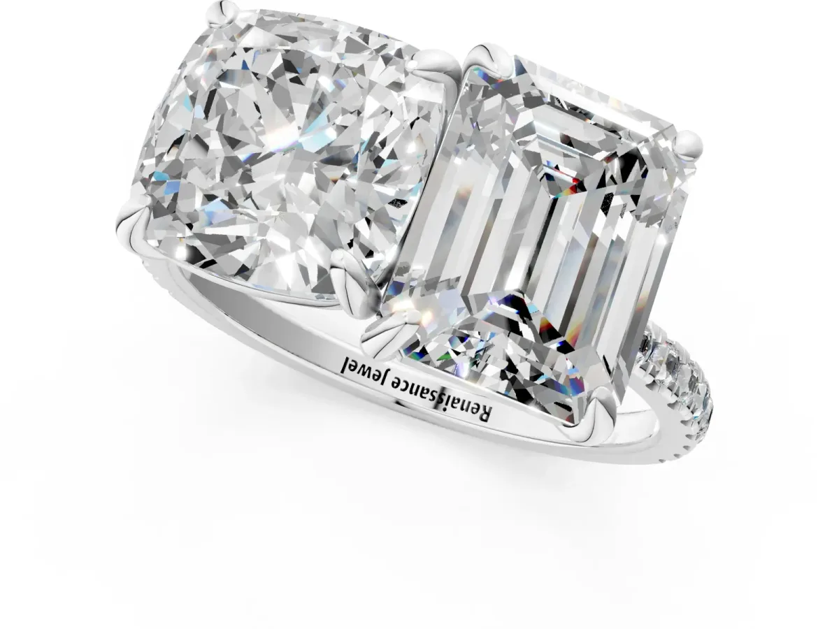 Cushion and Emerald Toi Moi Ring with Prong Setting and Pave Band Silver