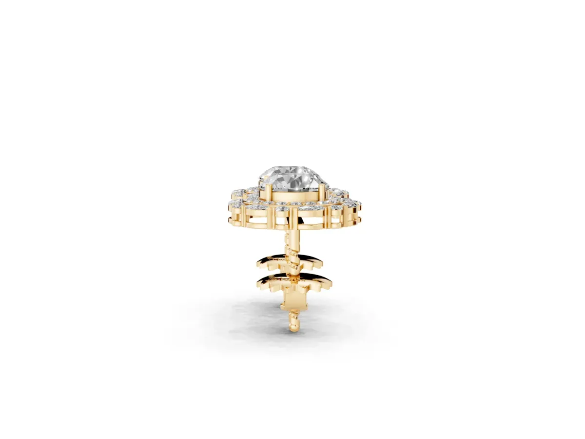 Round Diamond Double Halo Stud Earrings with Prong Setting Yellow gold