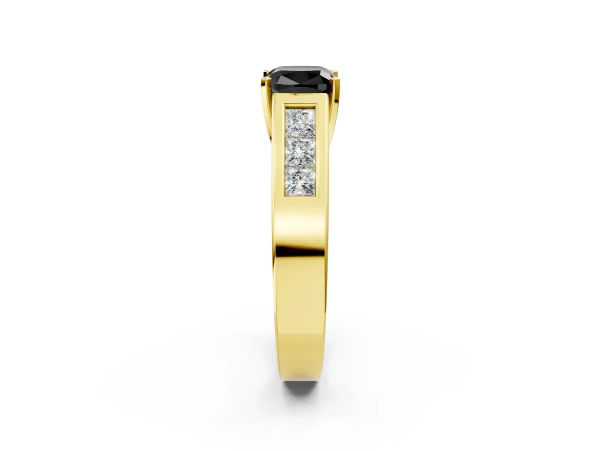 Fancy Black Cushion Cut Cut Channel Set Solitaire Ring with Four-Prong Setting Yellow gold
