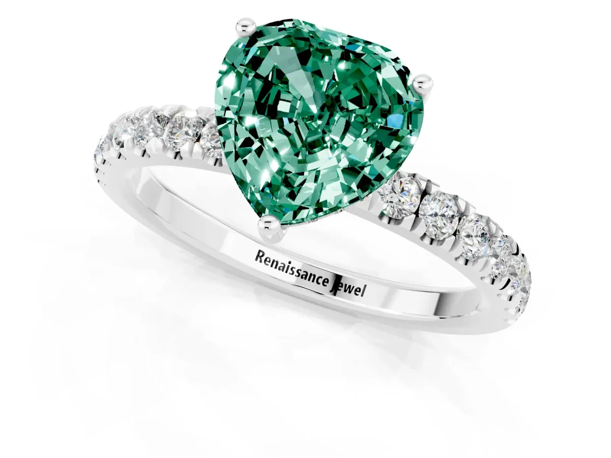 Heart Cut Green Sapphire Pave Band Solitaire Ring with Round and Prong Setting Silver