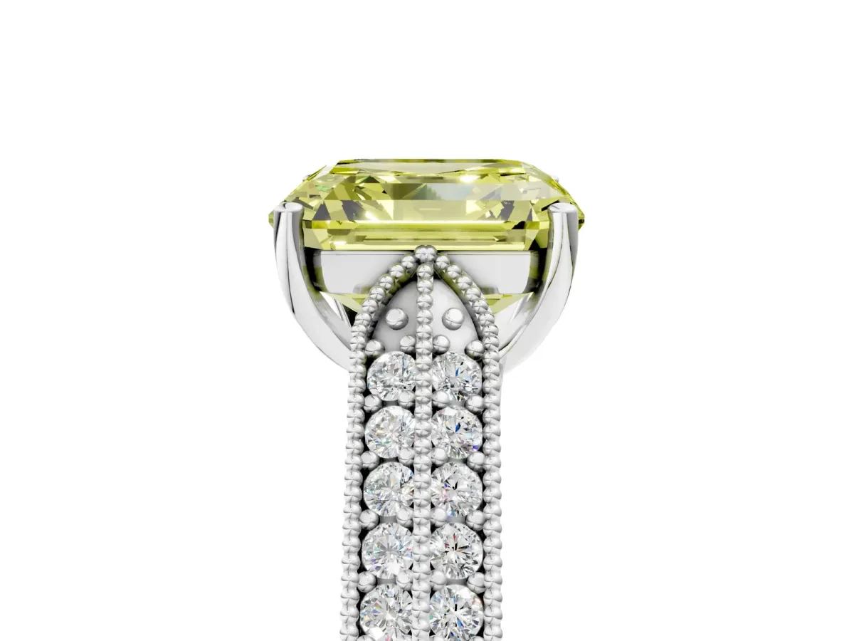 Fancy Yellow Asscher Cut Cut Pave Split Shank Engagement Ring with Four-Prong Setting Platinum