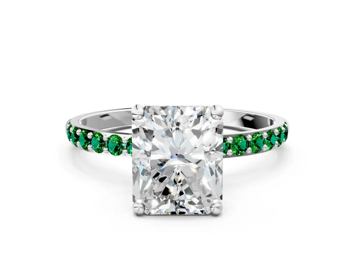 Radiant Cut Diamond Solitaire Ring with Round Emerald Pavé Band and Prong Setting Silver