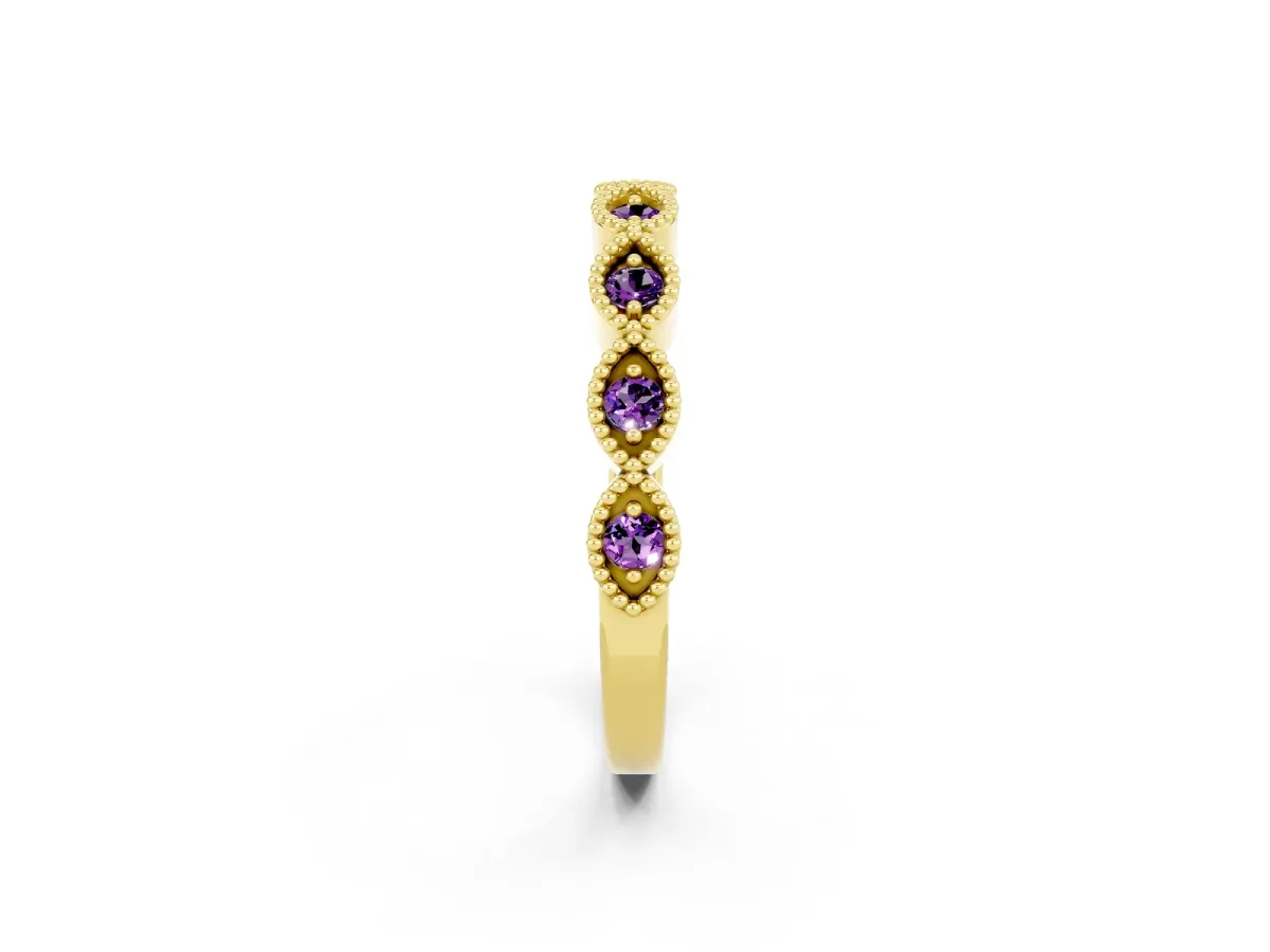 Milgrain Marquise Amethyst Half Eternity Band with Bezel Setting Yellow gold