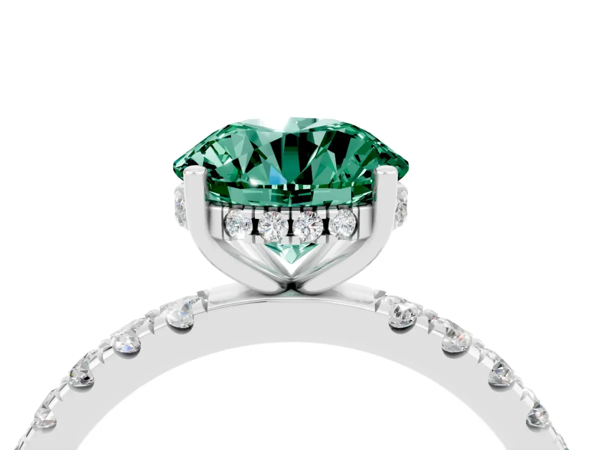 Round Cut Green Sapphire Pave Band Solitaire Ring with Round and Prong Setting Silver