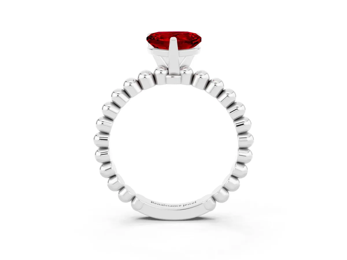 Heart Cut Ruby Solitaire Ring with Beaded Band and Prong Setting Platinum