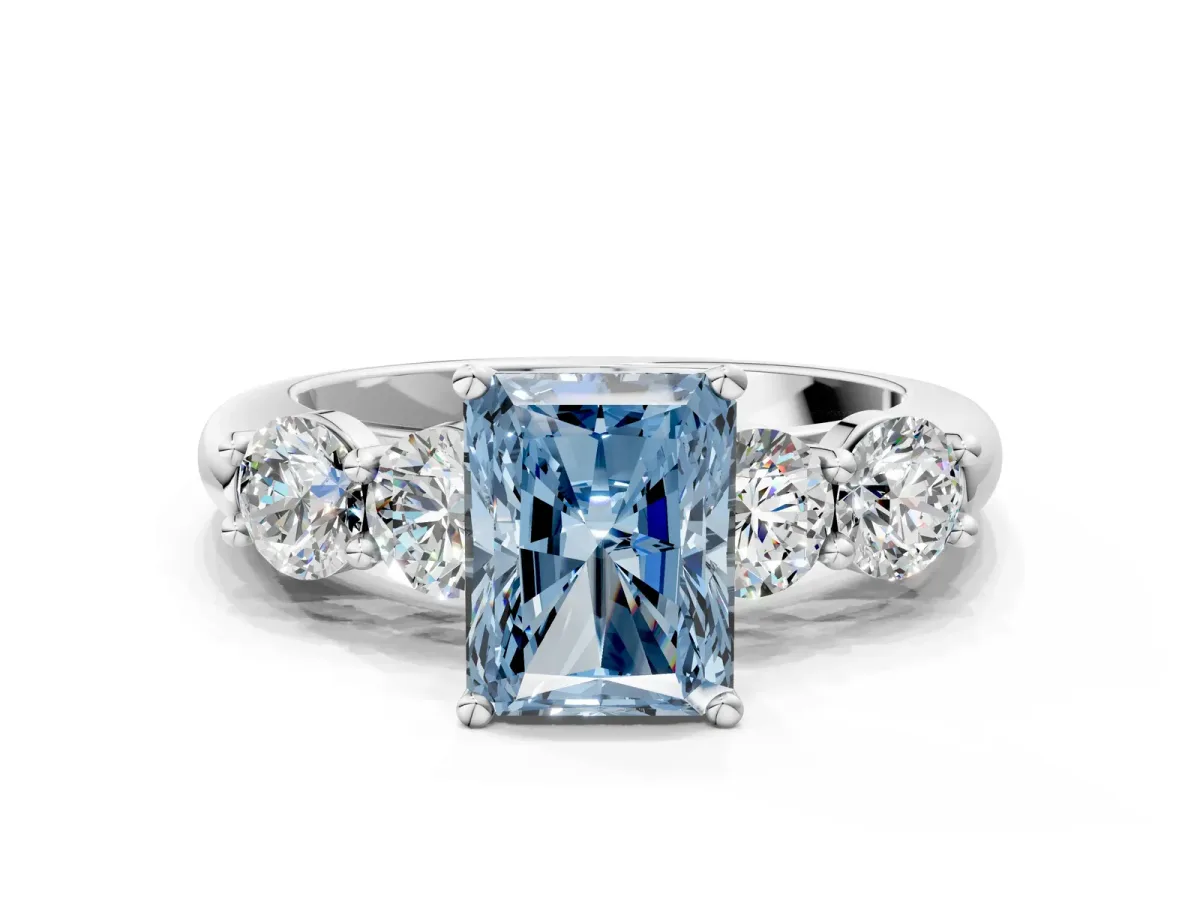 Fancy Blue Radiant Cut Cut Five-Stone Prong Set Diamond Ring with Classic Band Platinum