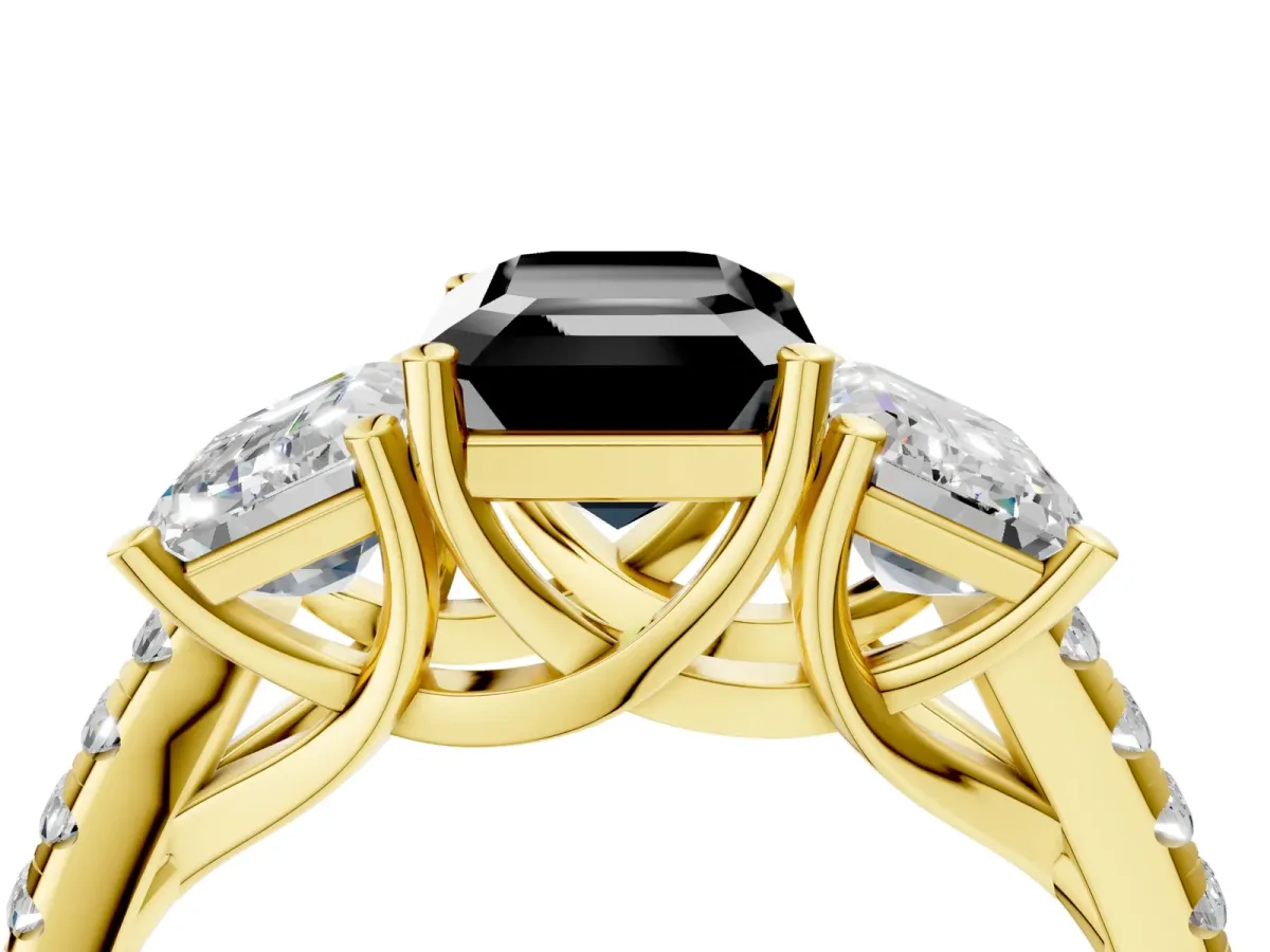 Fancy Black Three-Stone Emerald Cut Diamond Ring with Round Pavé Band and Prong Setting Yellow gold