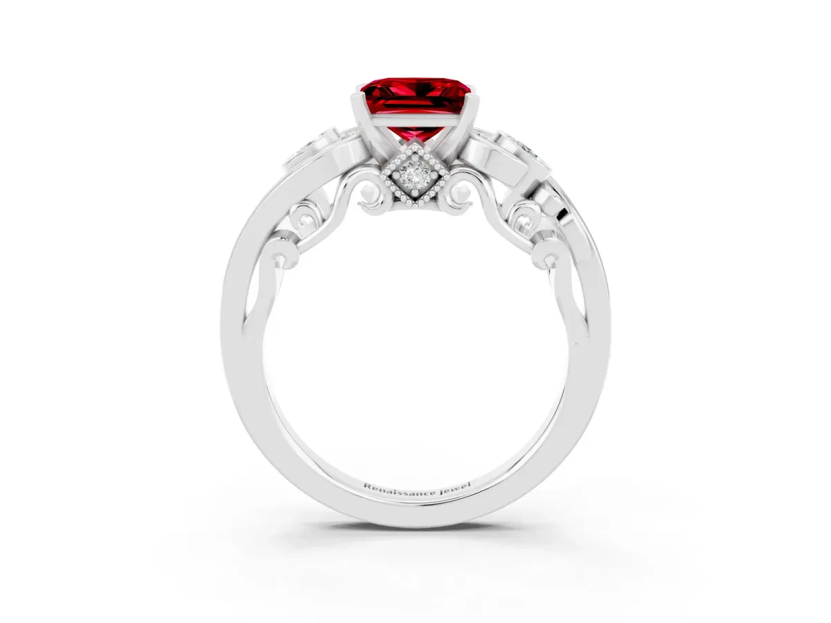 Princess Cut Ruby Solitaire Ring with Milgrain Pavé Band and Four-Prong Setting White gold