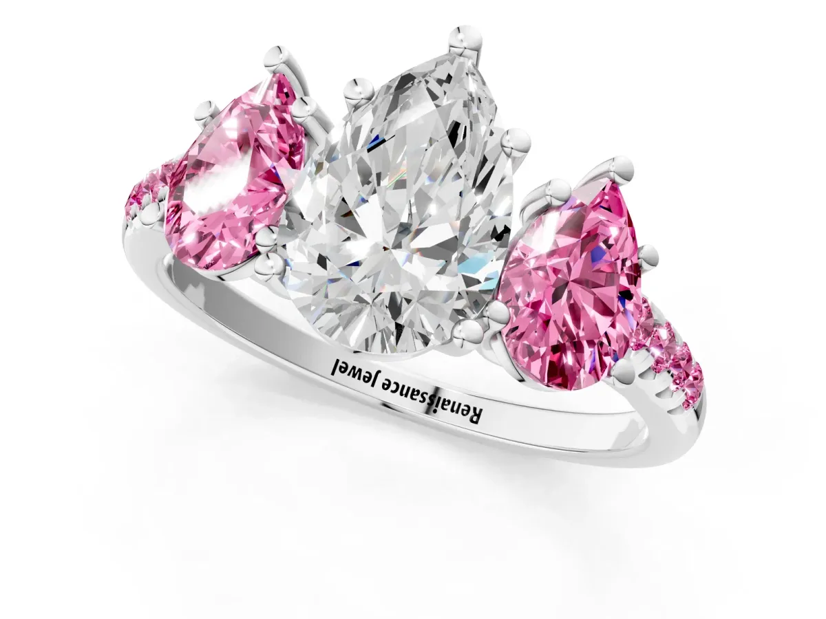 Three-Stone Pear Cut Diamond Ring with Round Pink Sapphire Pavé Band and Prong Setting Silver