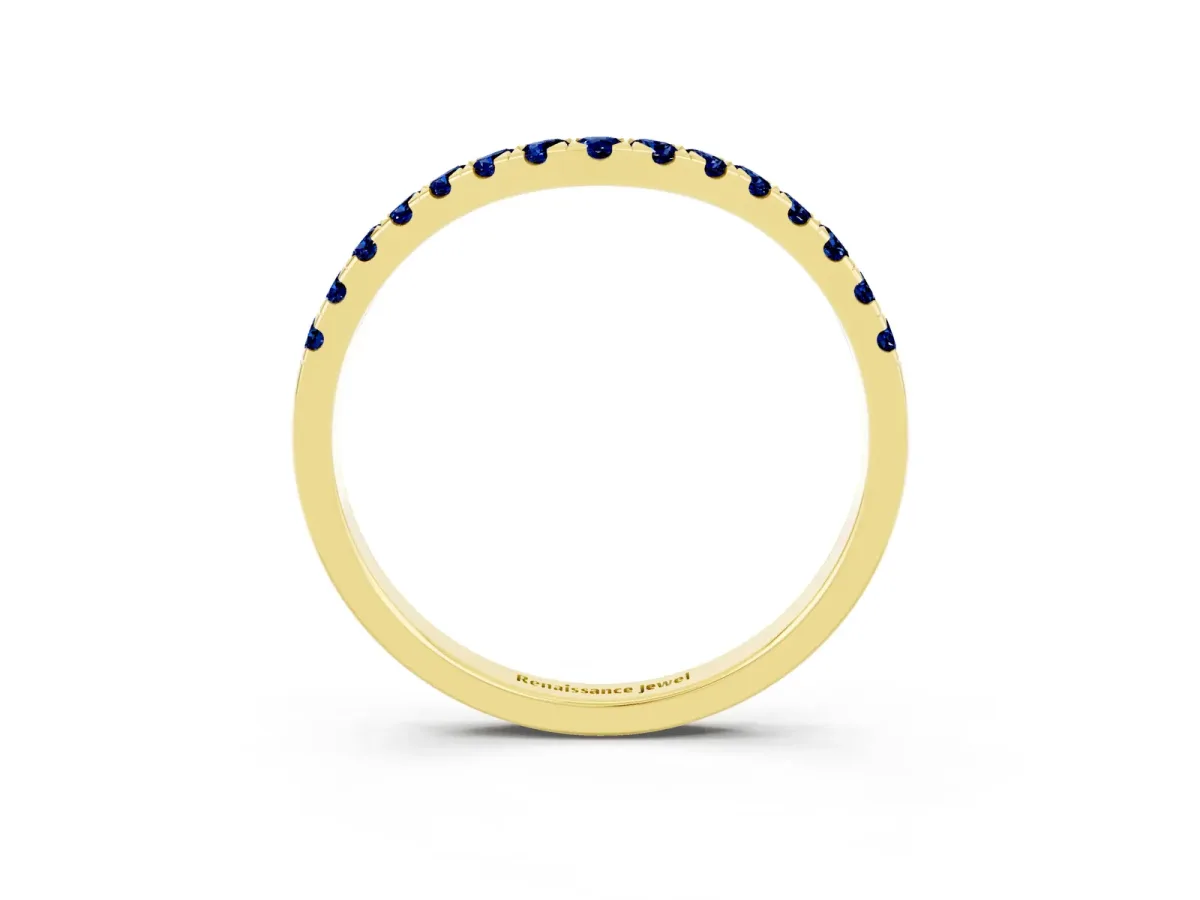 Curved Pavé Round Blue Sapphire Wedding Band with Shared Prong Setting Yellow gold