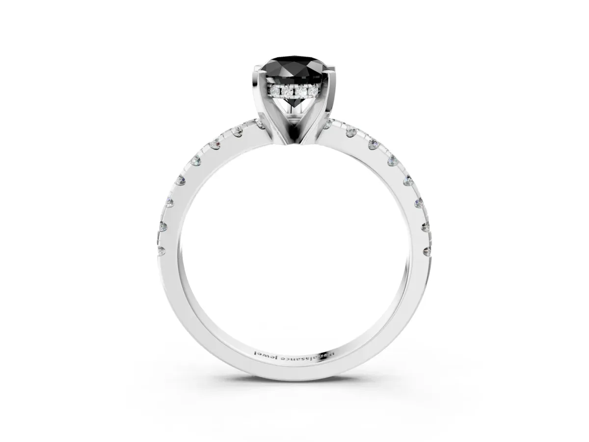 Fancy Black Pear Cut Diamond Solitaire Ring with Round Pavé Band and Four-Prong Setting Platinum