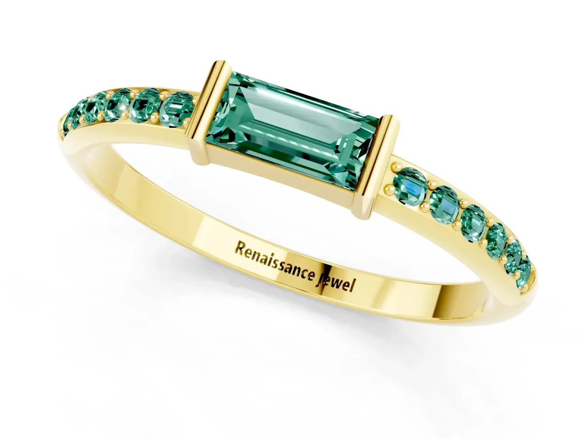 Baguette Green Sapphire Pavé Band with Bar Setting Yellow gold