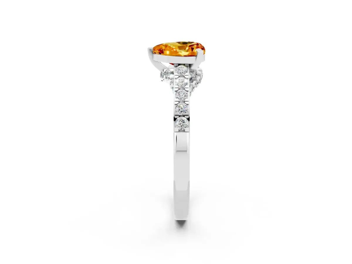Heart Cut Citrine Solitaire Ring with Crossover Gallery and Round Pavé Band Silver