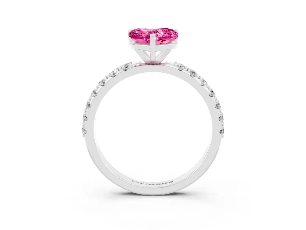 Heart Cut Pink Sapphire Solitaire Pavé Band with Four-Prong Setting Silver