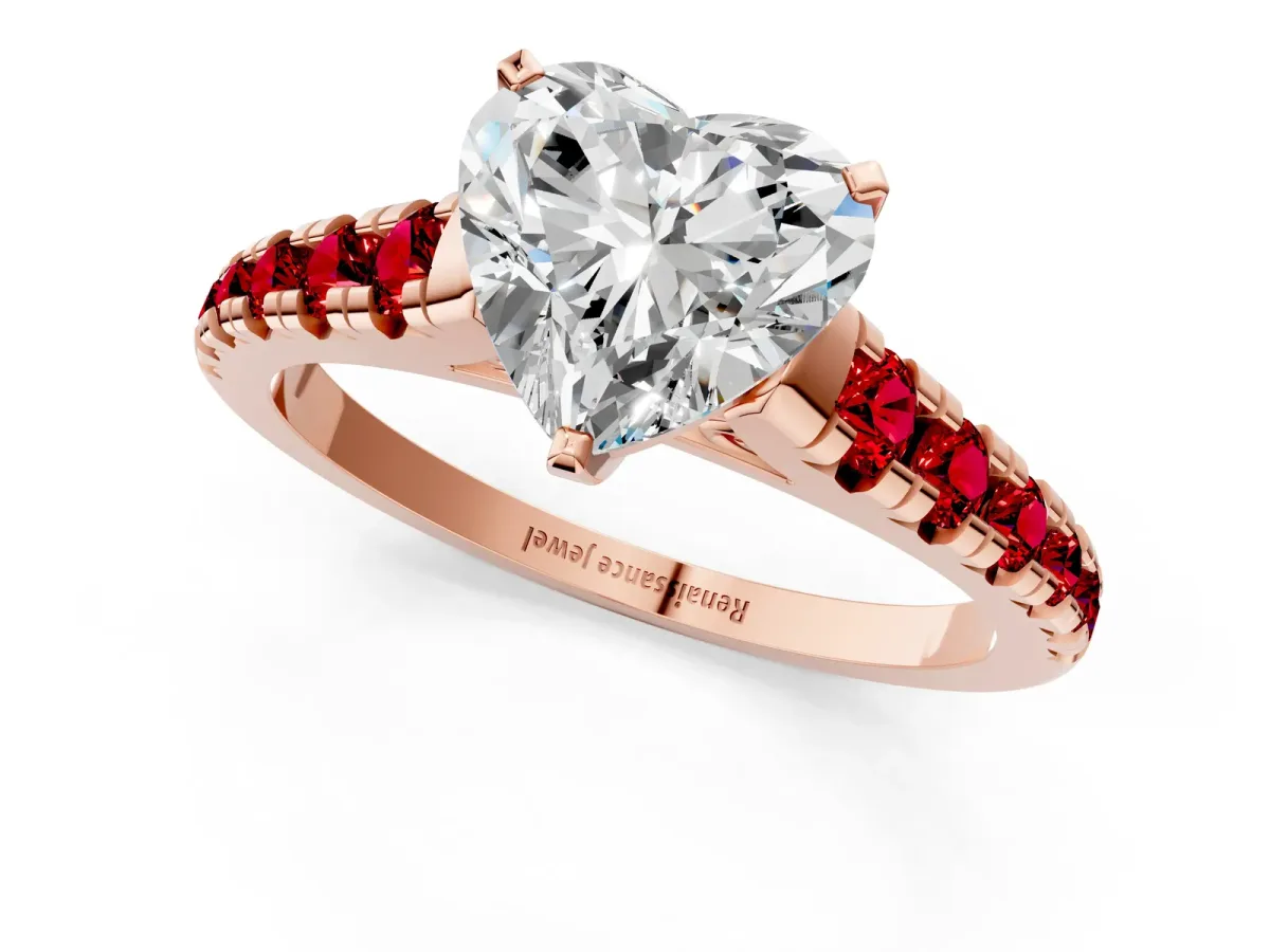 Heart Cut Diamond Cathedral Solitaire Ring with Round Ruby Pavé Band Rose gold