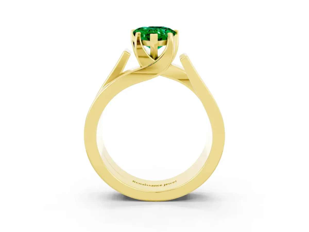 Modern Tension Set Pear Cut Emerald Solitaire Wide Band Ring Yellow gold