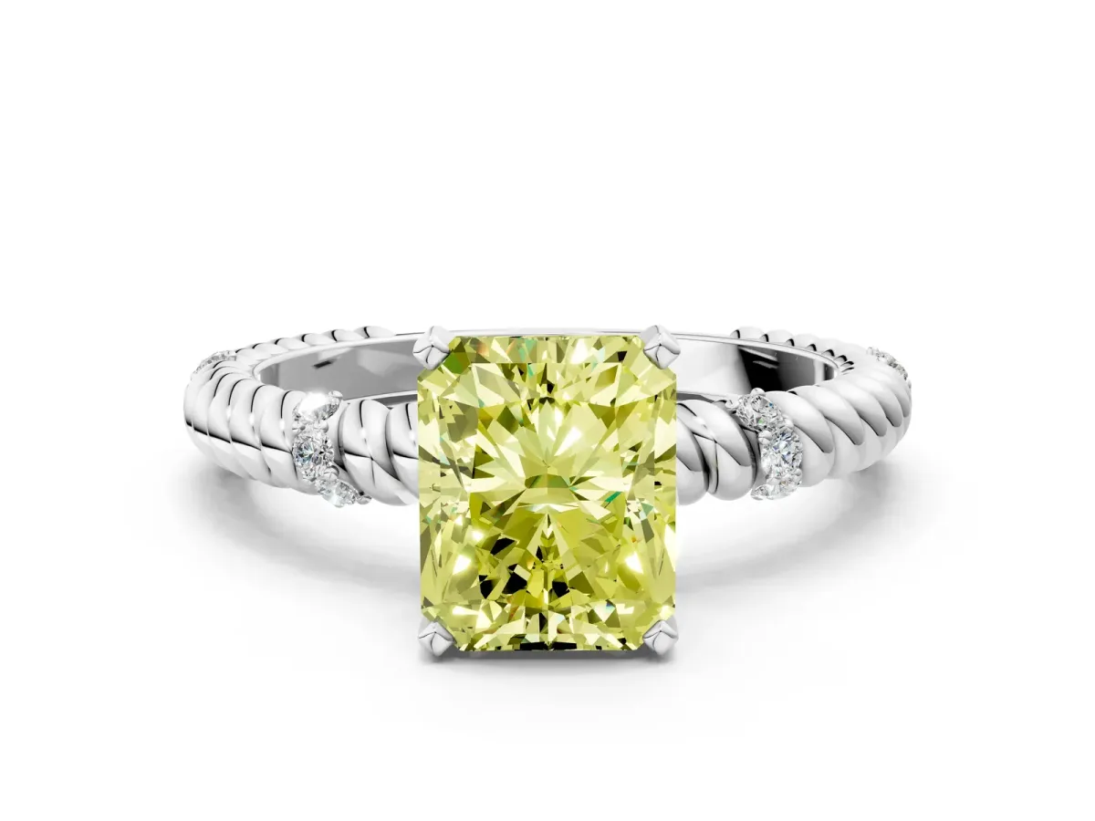 Fancy Yellow Radiant Cut Solitaire Twisted Band Prong Set Engagement Ring Silver