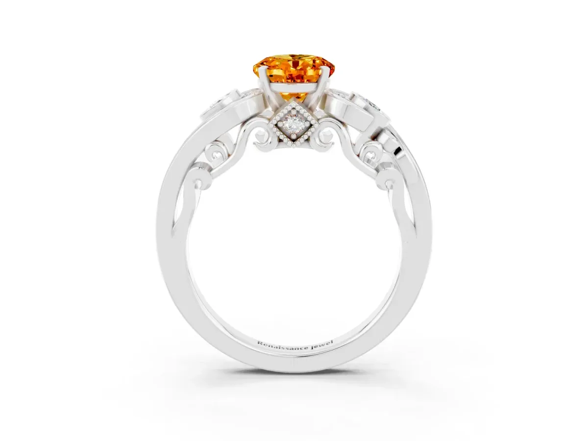 Oval Cut Citrine Solitaire Ring with Milgrain Pavé Band and Four-Prong Setting Silver