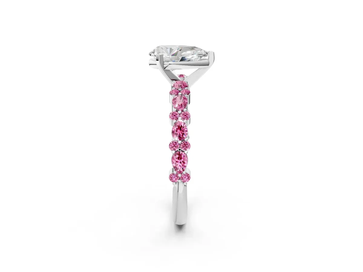Pear Cut Diamond Side Stone Solitaire Ring with Round Pink Sapphire and Four-Prong Setting Platinum