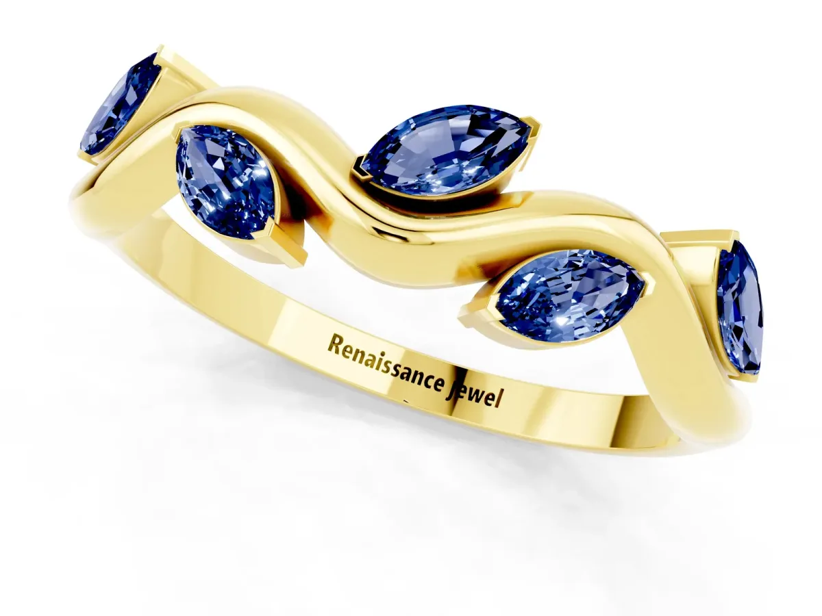 Marquise Blue Sapphire Twisted Band with Prong Setting Yellow gold