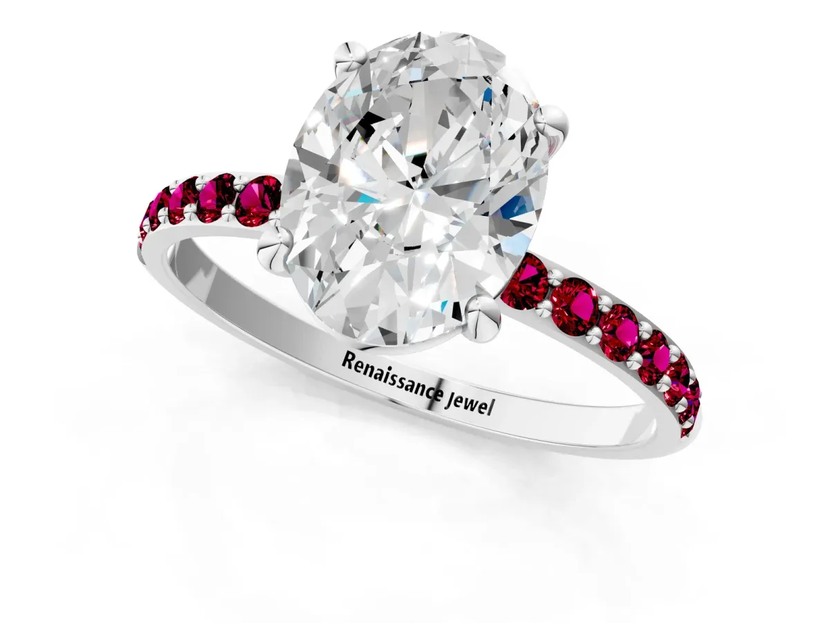 Oval Cut Diamond Solitaire Ring with Round Garnet Pavé Band and Prong Setting Silver