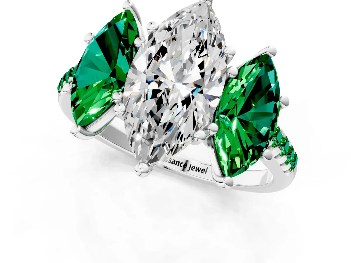 Three-Stone Marquise Cut Diamond Ring with Round Emerald Pavé Band and Prong Setting Silver