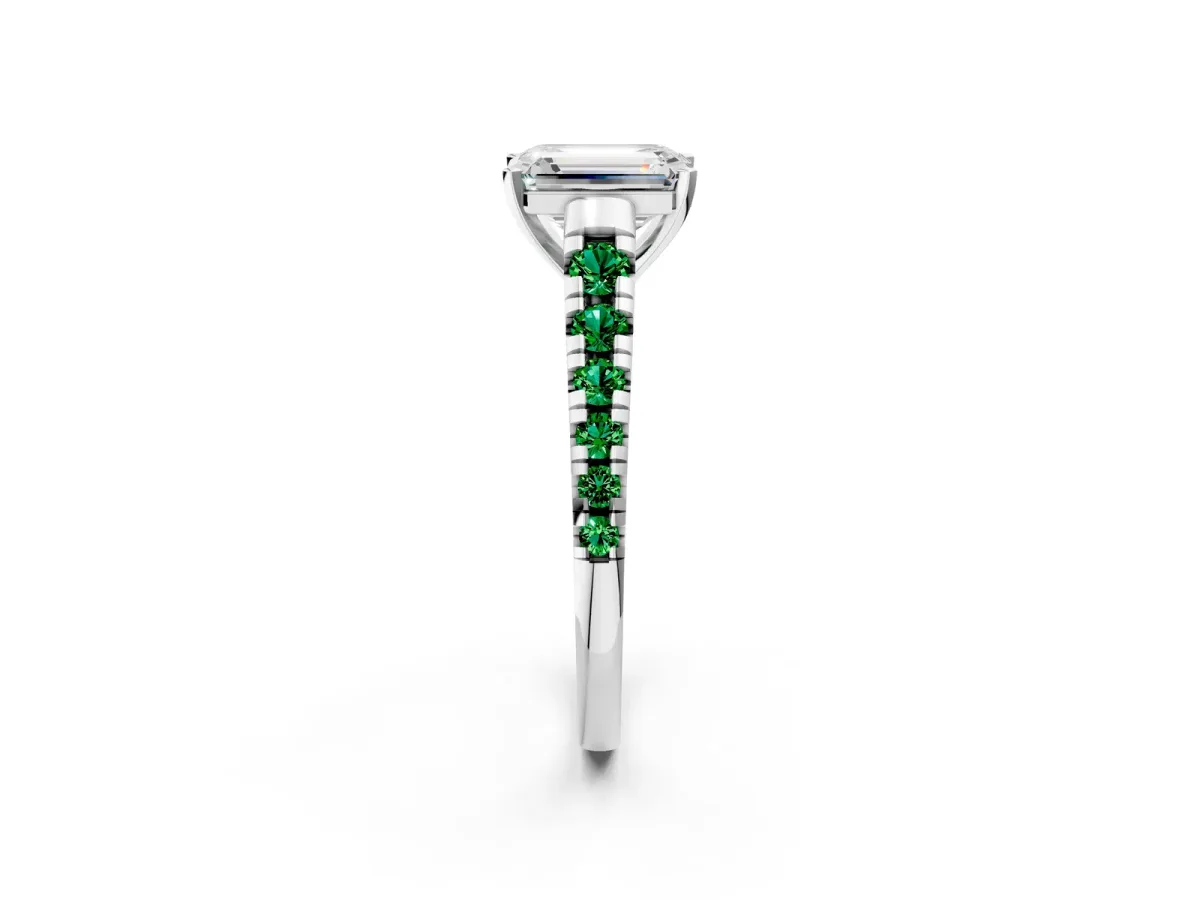 Emerald Cut Diamond Cathedral Solitaire Ring with Round Emerald Pavé Band Silver