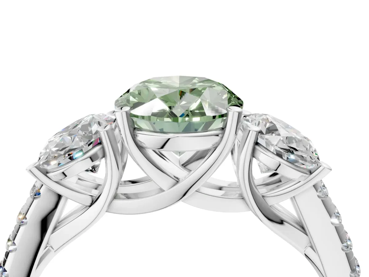 Fancy Green Three-Stone Oval Cut Diamond Ring with Round Pavé Band and Prong Setting Silver