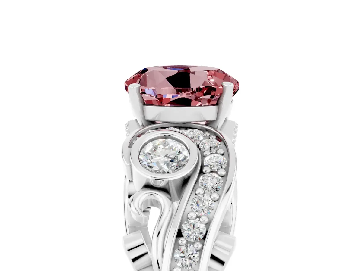 Round Cut Morganite Solitaire Ring with Milgrain Pavé Band and Four-Prong Setting Silver