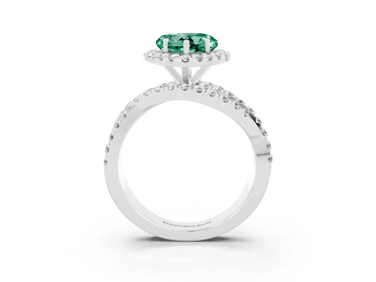 Heart Cut Green Sapphire Halo Ring with Round Split Shank and Prong Setting Platinum