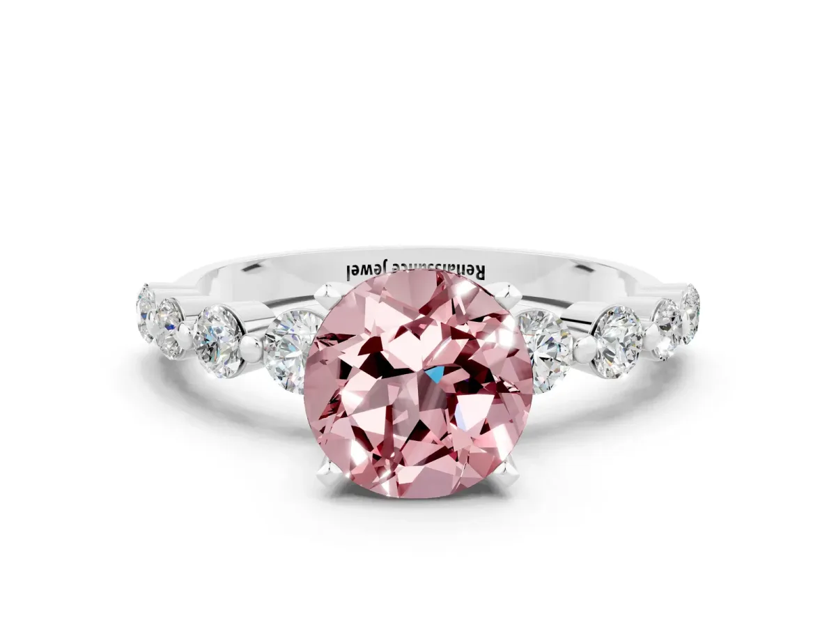 Round Cut Solitaire Morganite Ring with Pave Band and Four-Prong Setting Platinum