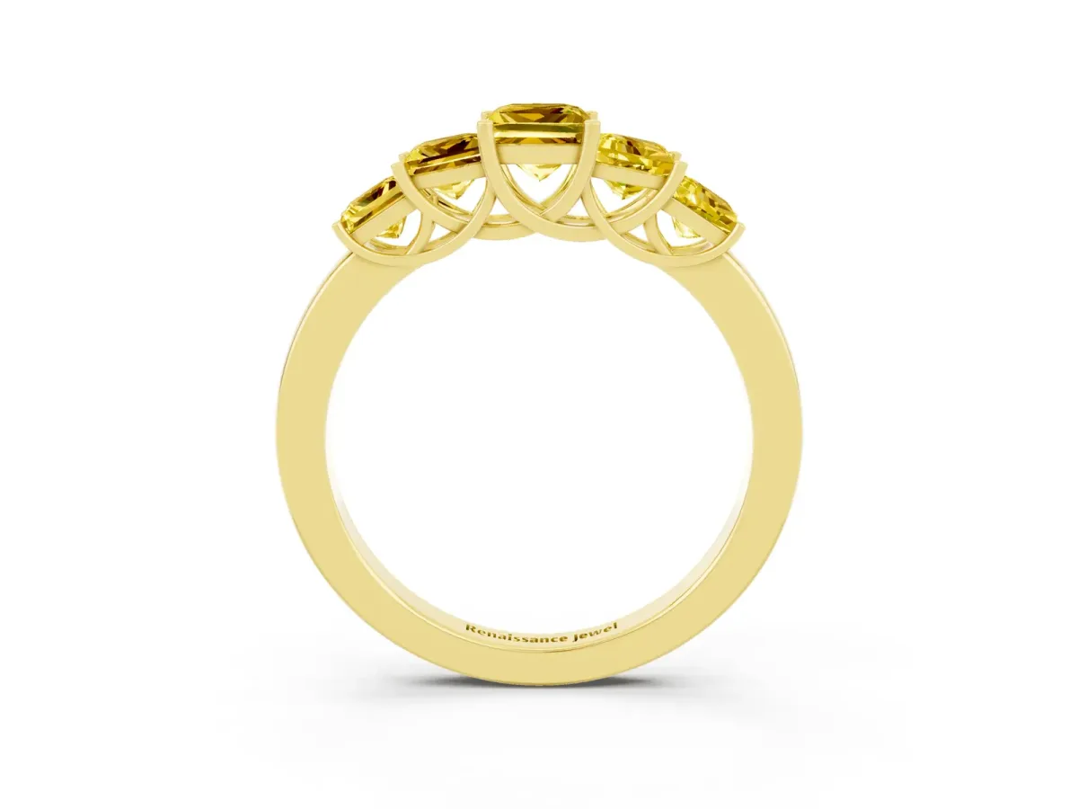 Princess Cut Five-Stone Yellow Sapphire Ring with Classic Prong Setting Yellow gold