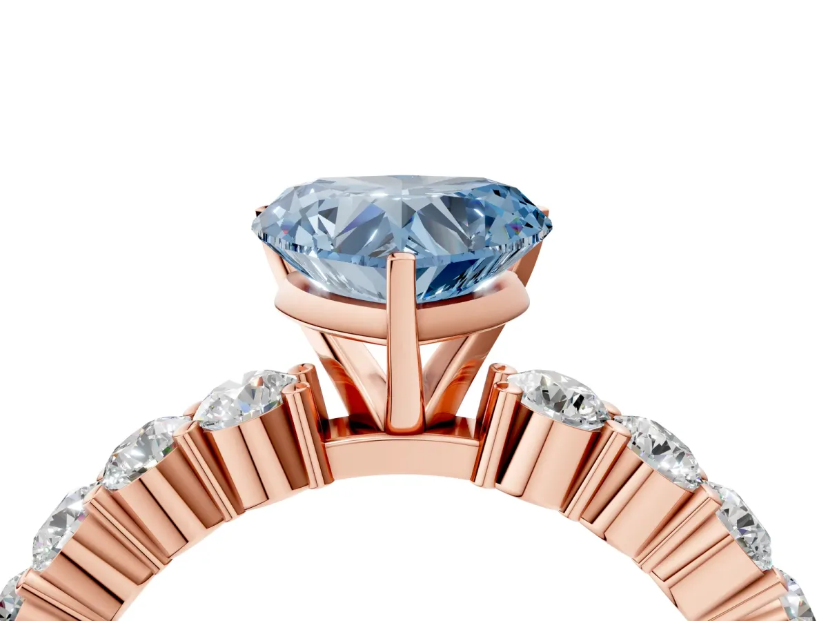 Fancy Blue Heart Cut Diamond Solitaire Ring with Shared Prong Round Side Stones Rose gold