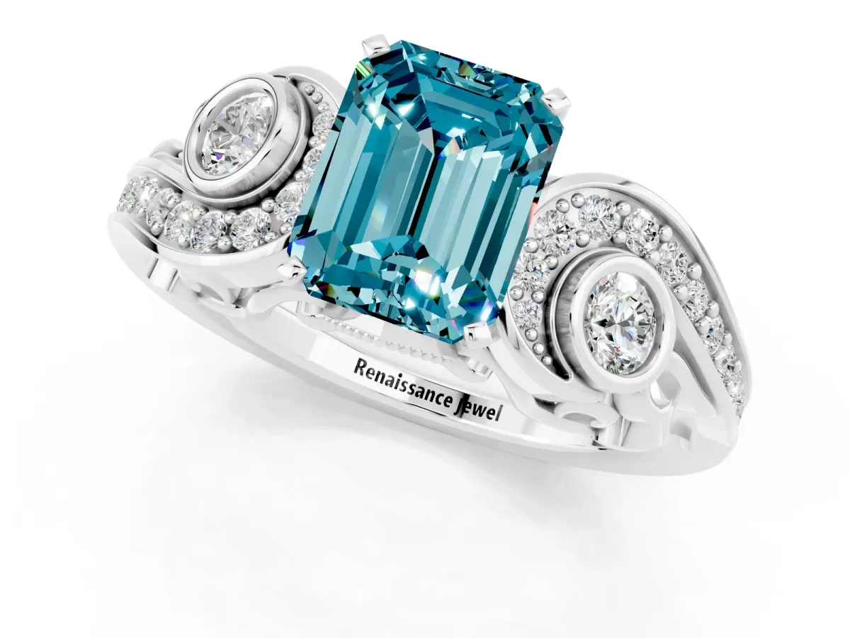 Emerald Cut Blue Topaz Solitaire Ring with Milgrain Pavé Band and Four-Prong Setting Silver