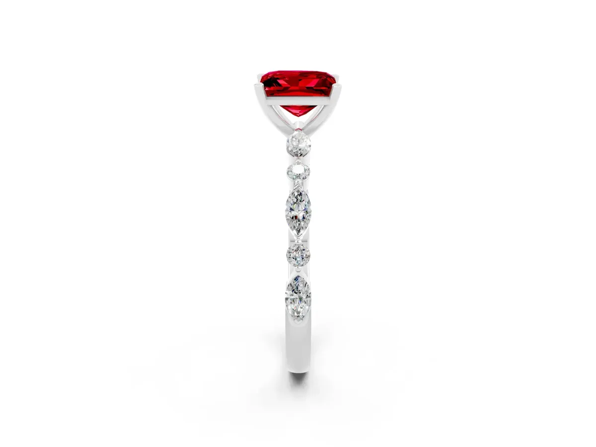 Princess Cut Ruby Ring with Marquise and Round Side Stones and Four-Prong Setting Platinum