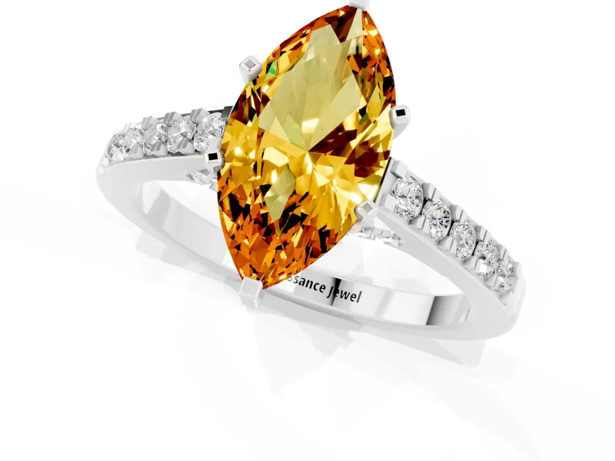Marquise Cut Citrine Solitaire Ring with Crossover Gallery and Round Pavé Band Silver