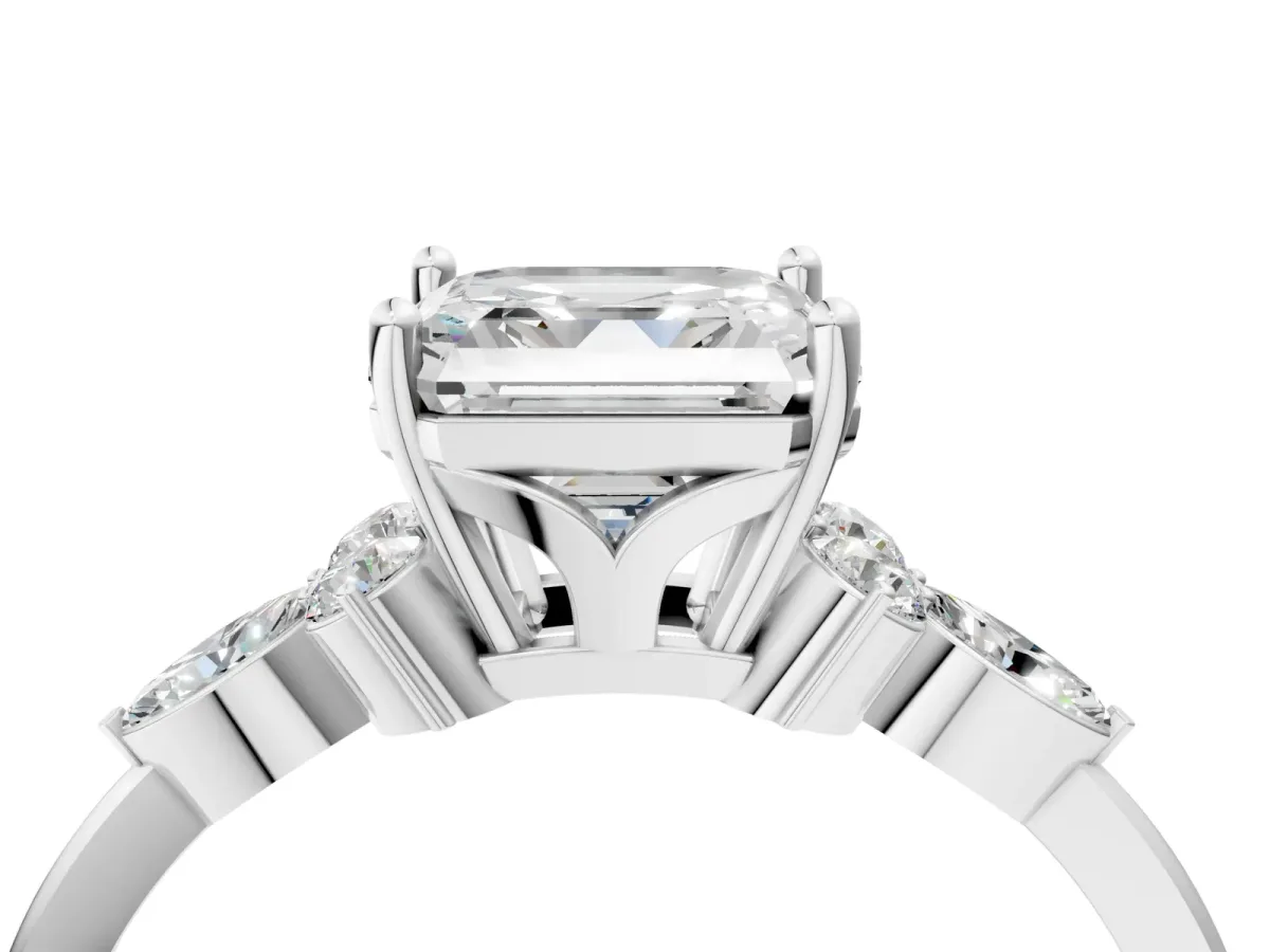 Asscher Cut Brilliant Diamond Solitaire Ring with Pear Side Stones and Four-Prong Setting Platinum