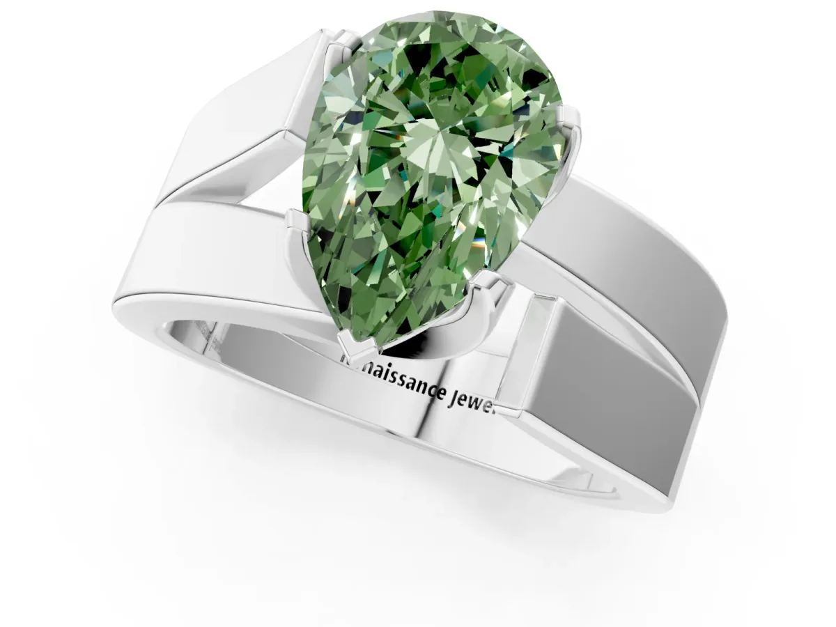 Fancy Green Modern Tension Set Pear Cut Diamond Solitaire Wide Band Ring Silver