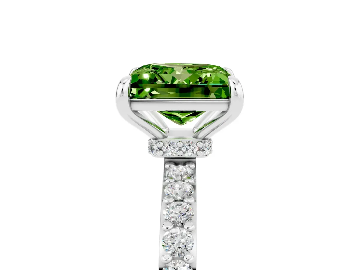 Princess Cut Peridot Solitaire Engagement Ring with Pavé Band and Four-Prong Setting Silver