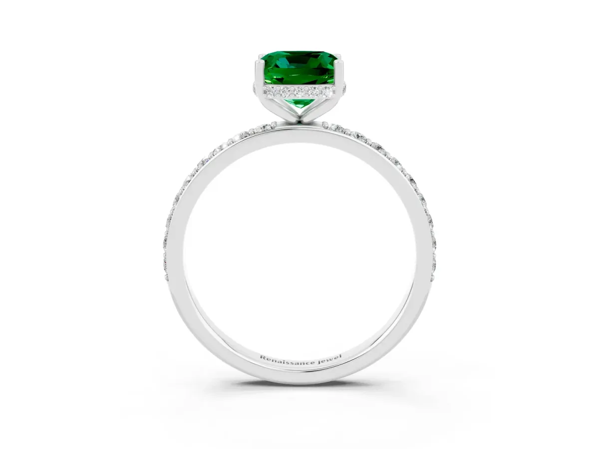 Cushion Cut Emerald Solitaire Ring with Pavé Band and Hidden Halo Silver