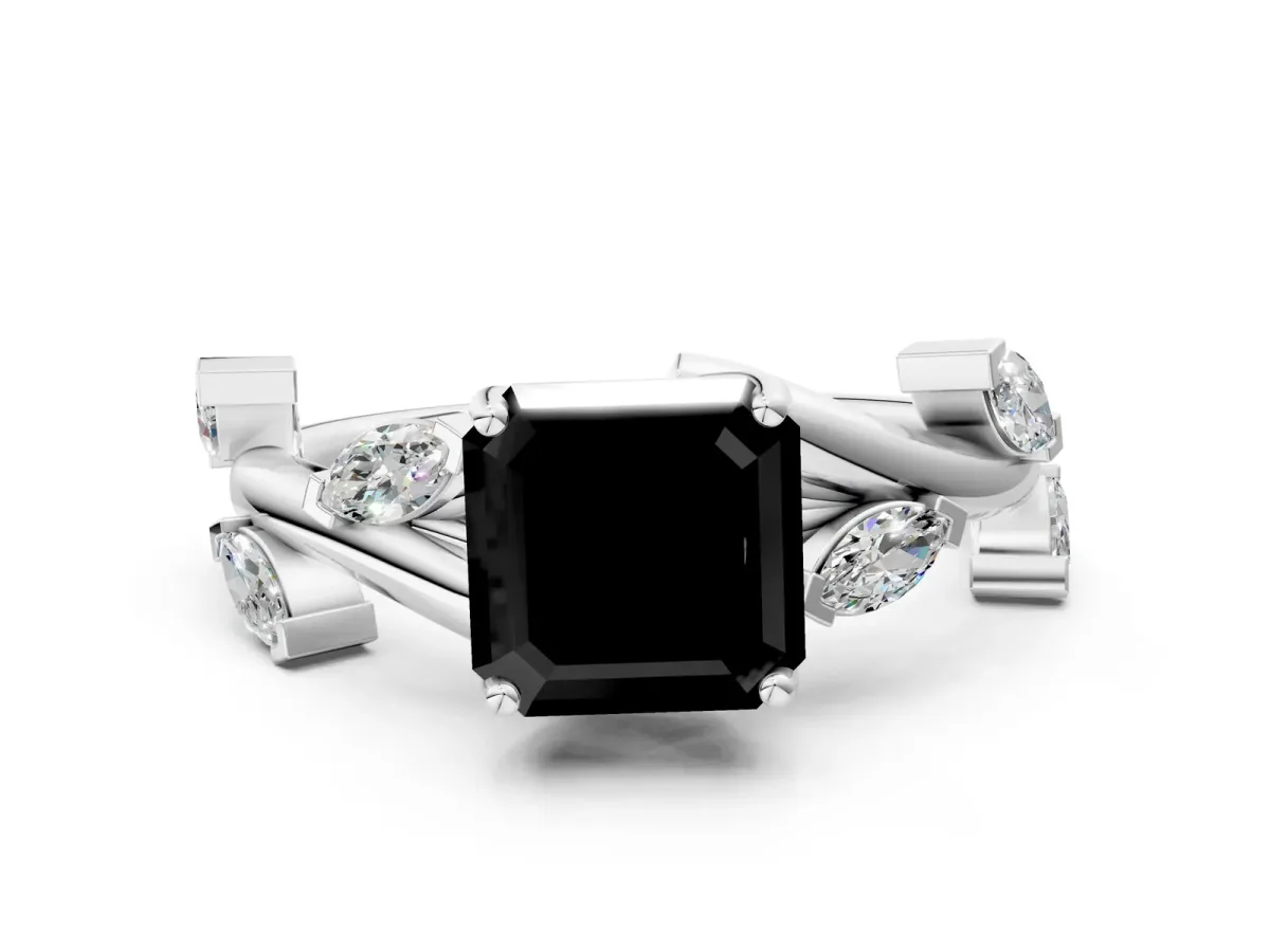 Fancy Black Asscher Cut Solitaire Twisted Band Marquise Accent Prong Setting Ring Platinum