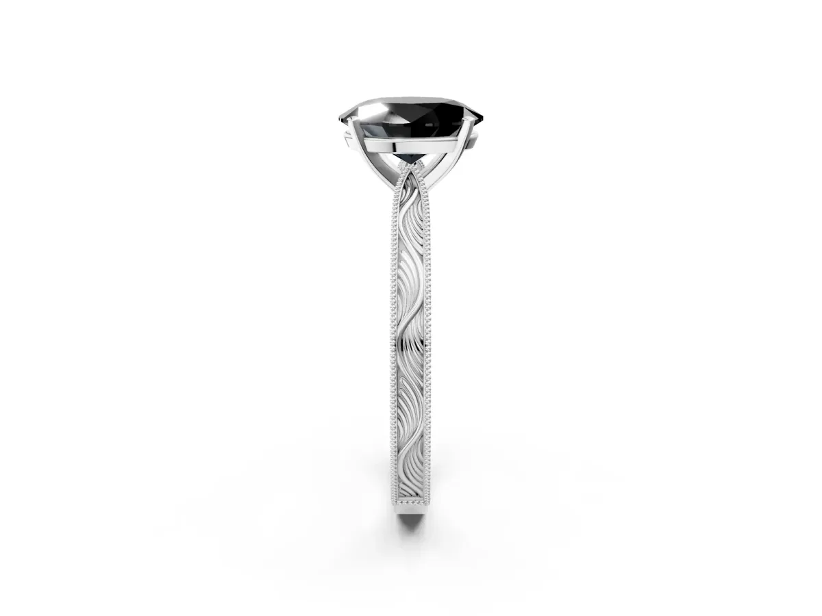 Fancy Black Oval Cut Solitaire Milgrain Engraved Band with Four-Prong Setting White gold