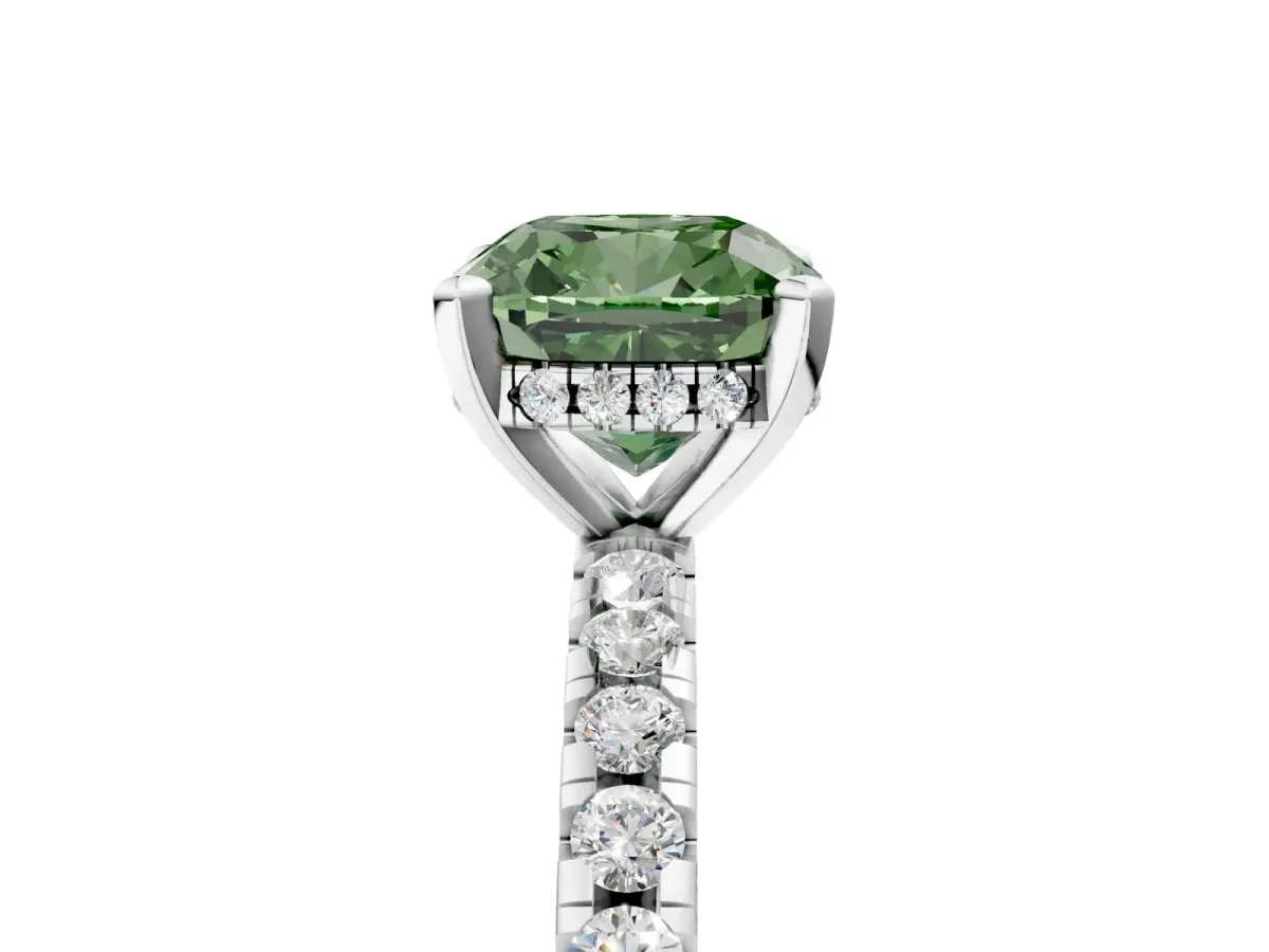 Fancy Green Cushion Cut Diamond Solitaire Ring with Round Pavé Band and Four-Prong Setting Silver