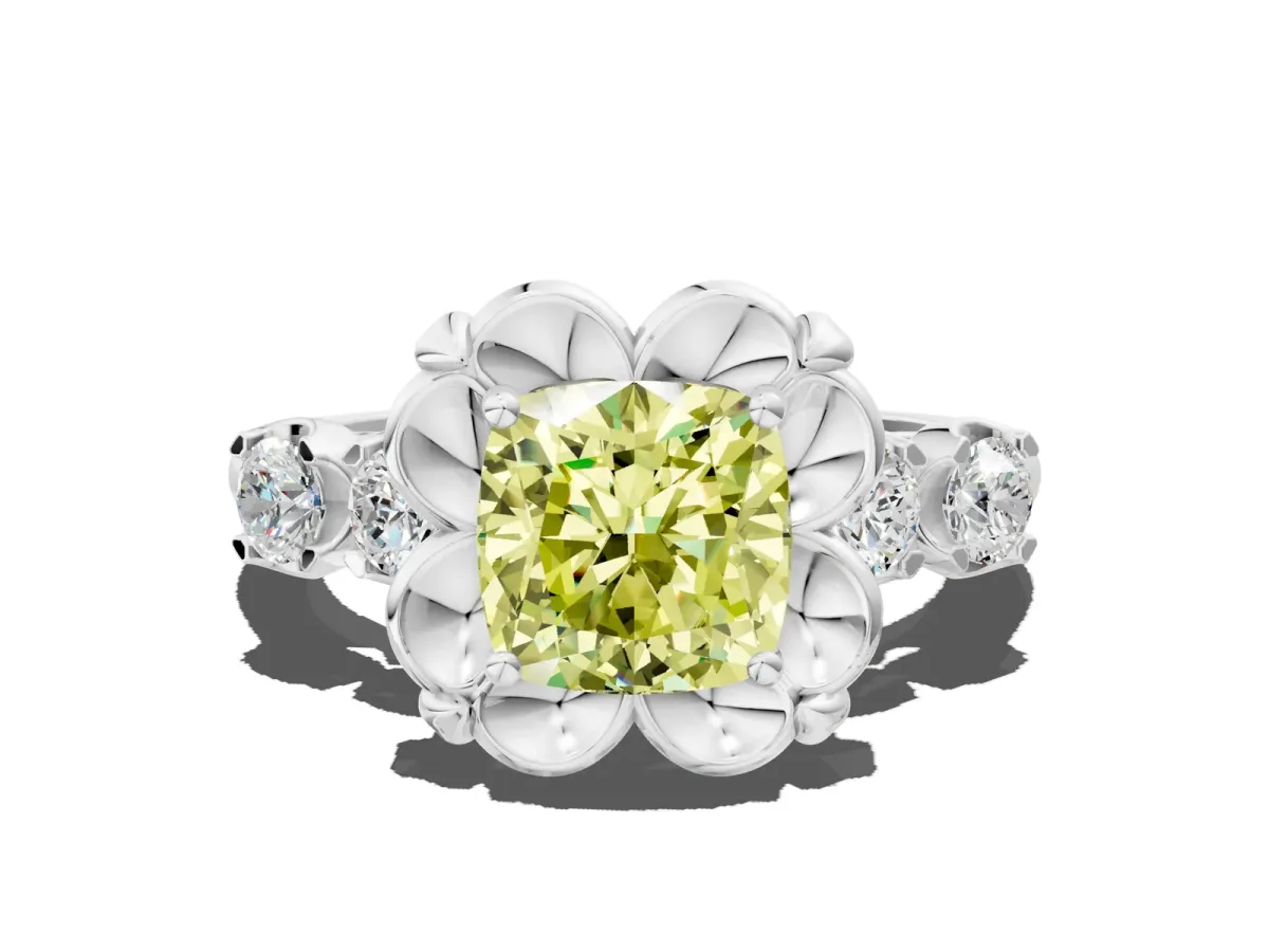 Fancy Yellow Cushion Cut Cut Diamond Floral Halo Engagement Ring with Shared Prong Setting Silver