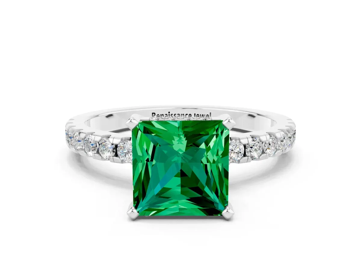 Princess Cut Emerald Solitaire Ring with Round Pavé Band and Four-Prong Setting Silver