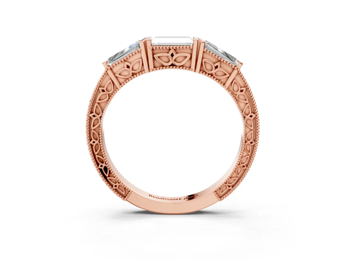 Baguette Cut Channel Set Milgrain Band with V-Prong Setting Rose gold
