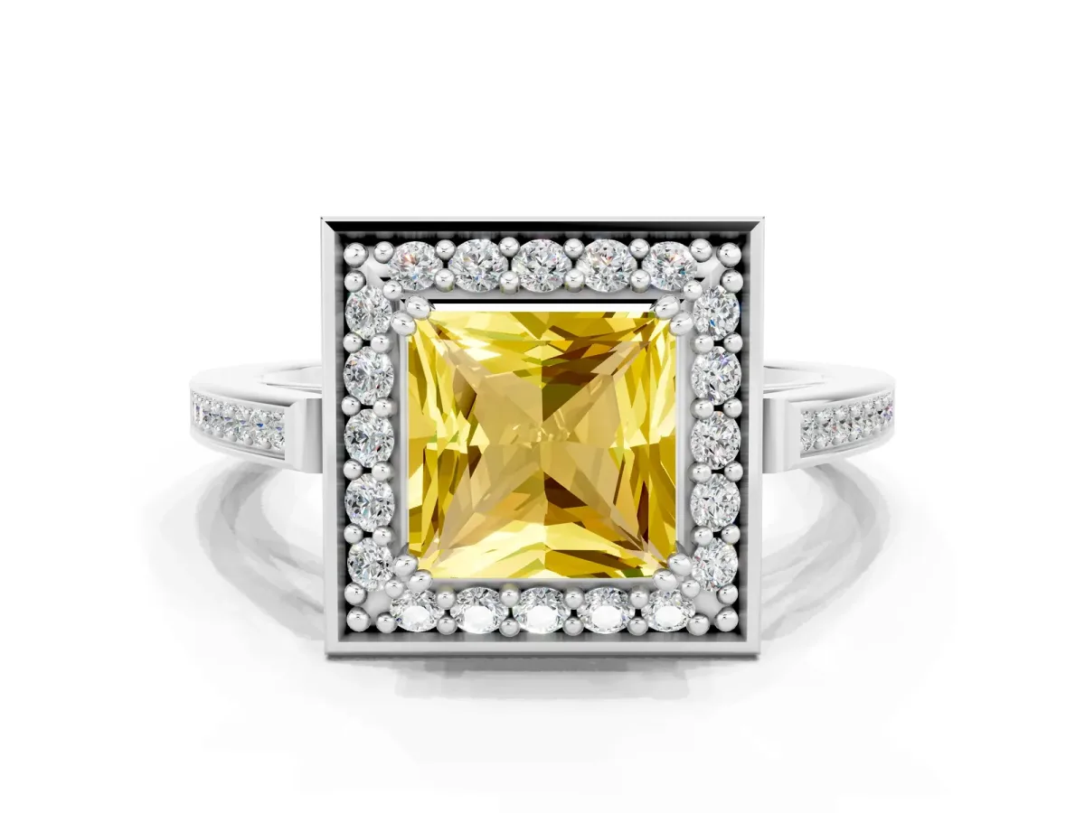 Princess Cut Yellow Sapphire Halo Ring with Split Shank and Four-Prong Setting Platinum