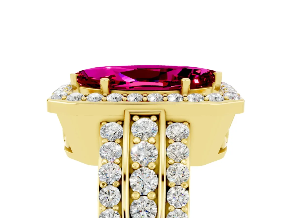 Marquise Cut Halo Garnet Ring with Round Split Shank and Prong Setting Yellow gold