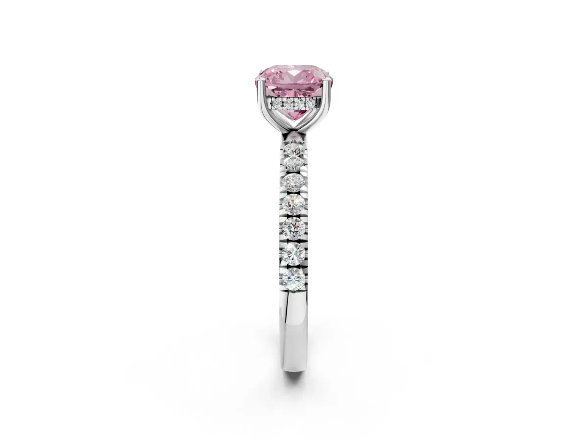 Fancy Pink Cushion Cut Diamond Pave Band Solitaire Ring with Round and Prong Setting Silver