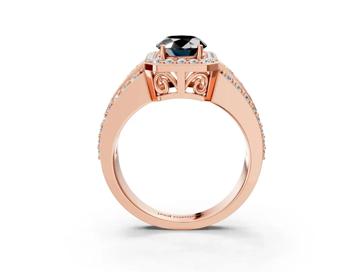 Fancy Black Oval Cut Halo Diamond Ring with Round Split Shank and Prong Setting Rose gold
